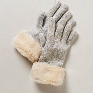 Anthropologie Trimmed Muzurka Gloves Grey Cream Faux Fur Trim